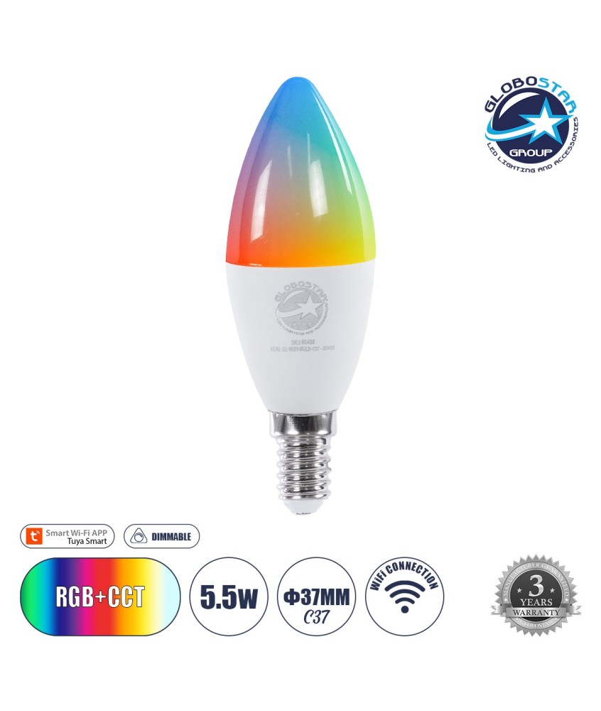 GLOBOSTAR® SMARTME 60488 Λάμπα Κεράκι E14 C37 Smart Home WiFi με Λειτουργία μέσω Tuya APP LED 5.5W 550lm 260° AC 220-240V IP20 Πολύχρωμο RGBW+WW Dimmable - Bridgelux Chip - Μ3.7 x Π3.7 x Υ11cm - 3 Χρόνια Εγγύηση